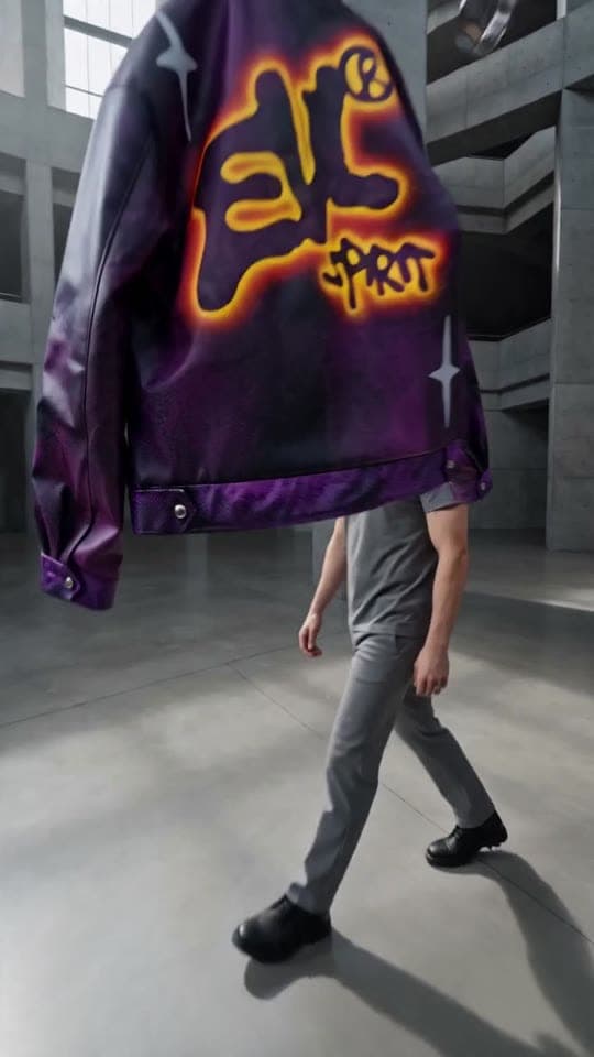 ezzel walks a vast concrete rotunda as the graffiti-tagged bomber floats to him and settles on his frame.
